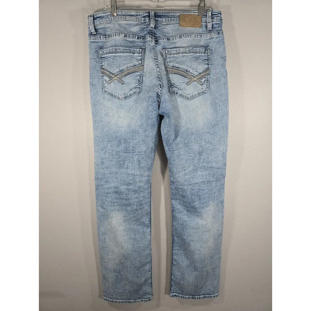BKE Tyler Jeans 36x32 Light Wash Straight Fit Denim Thick Stitch Whiskered BE